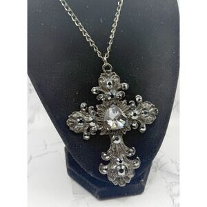 Marianna Austrian Crystal Gunmetal Cross Necklace Smoky Gray Statement